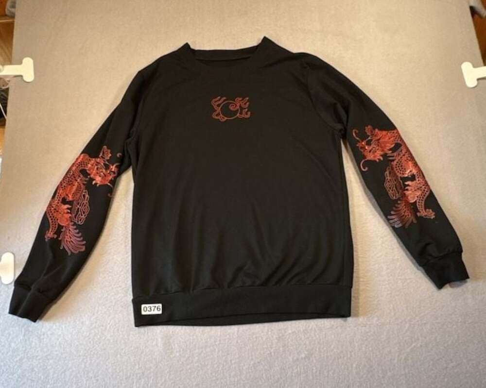 Black Long Sleeve Shirt with Red Dragon Sleeves and Chest Graphic
